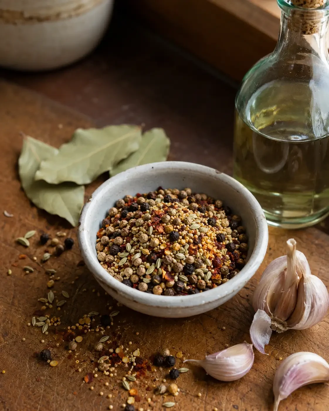 A bowl of mixed pickling spices beside garlic, bay leaves and a bottle