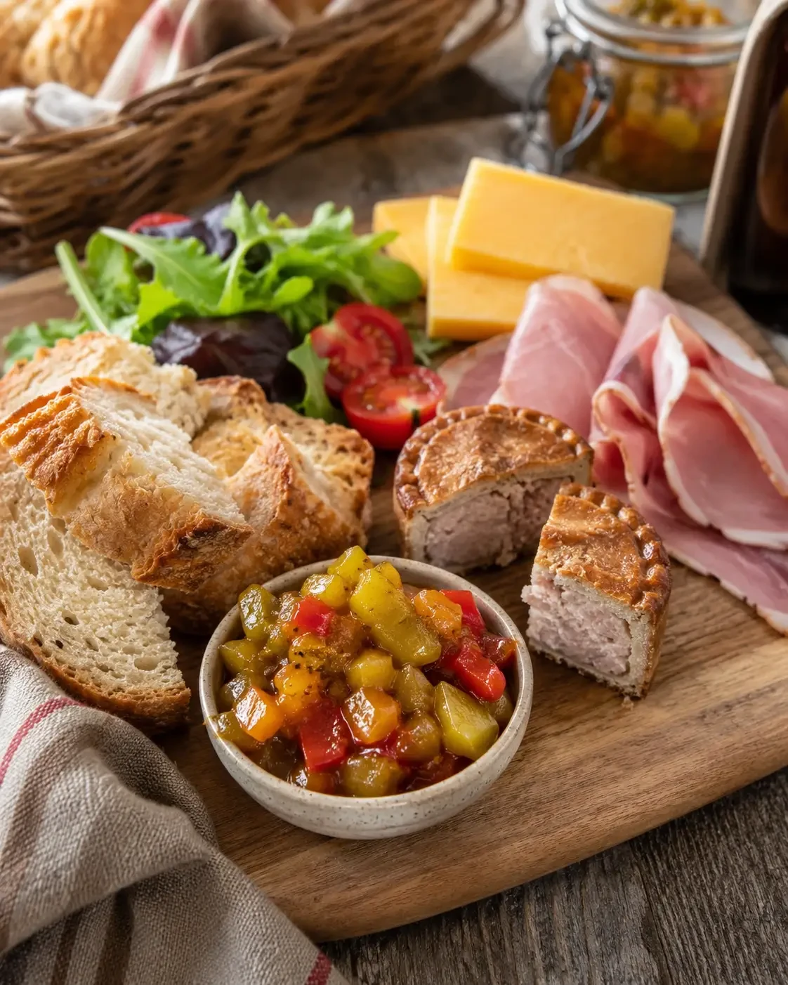Chutney and pickles served with bread, cheese and cured meat