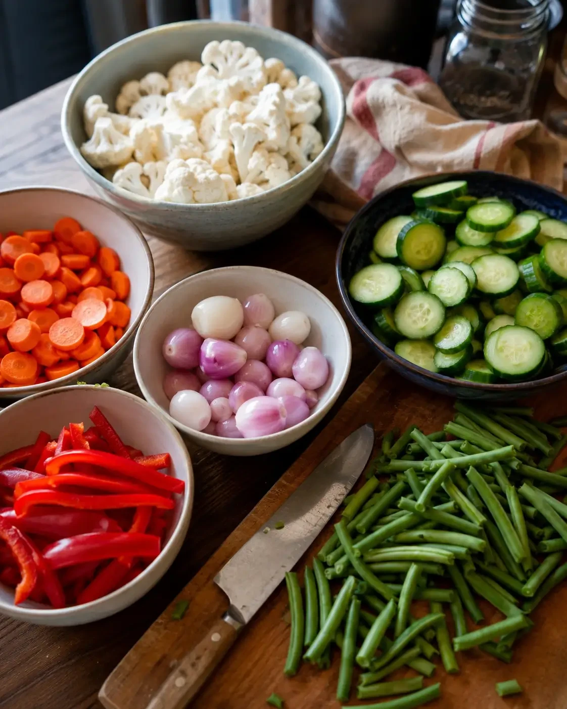 Chopped vegetables arranged in bowls ready for pickling