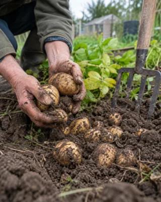 Hands holding freshly lifted potatoes beside a fork and potato foliage