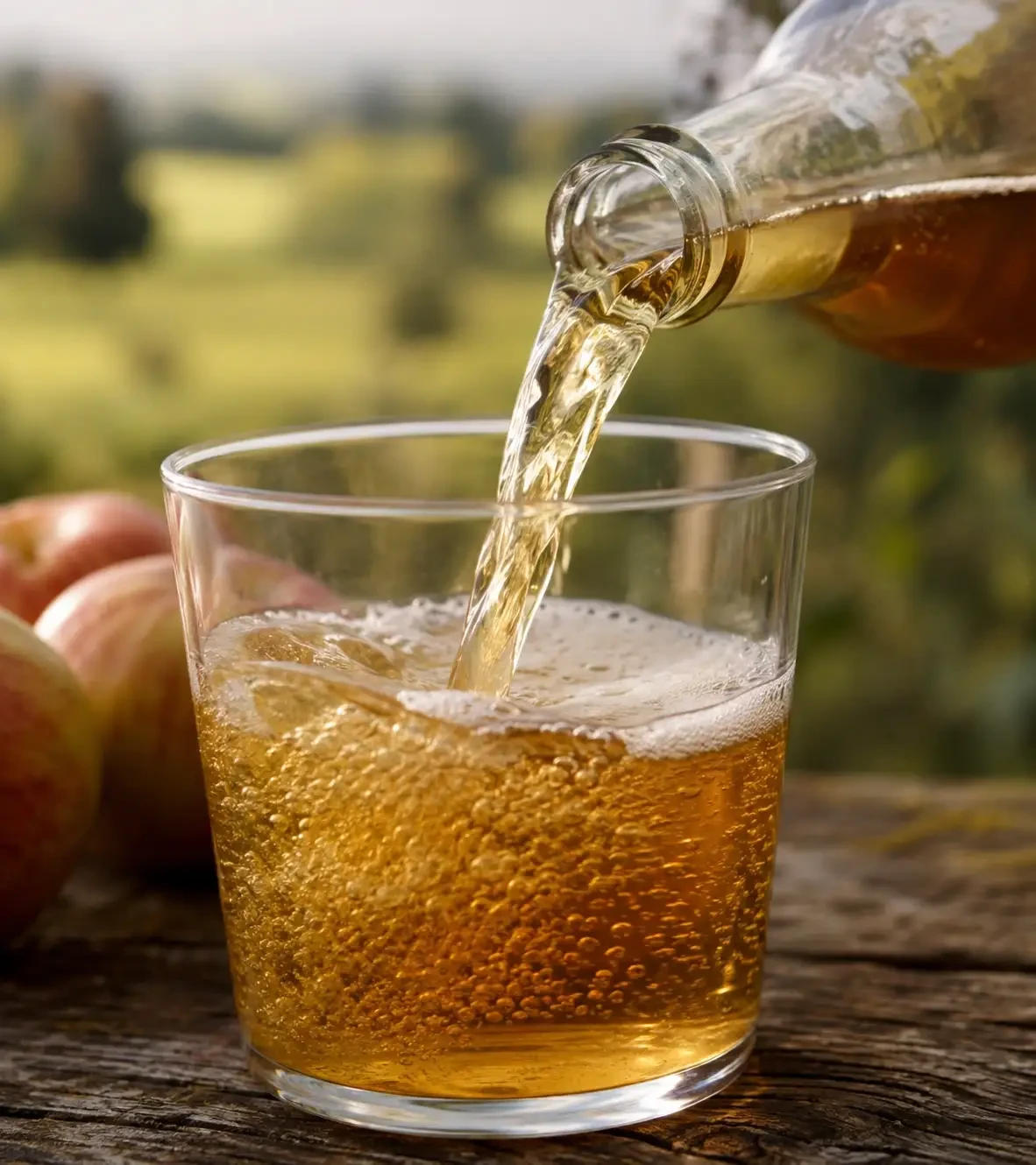 An amber drink being poured from a bottle into a glass