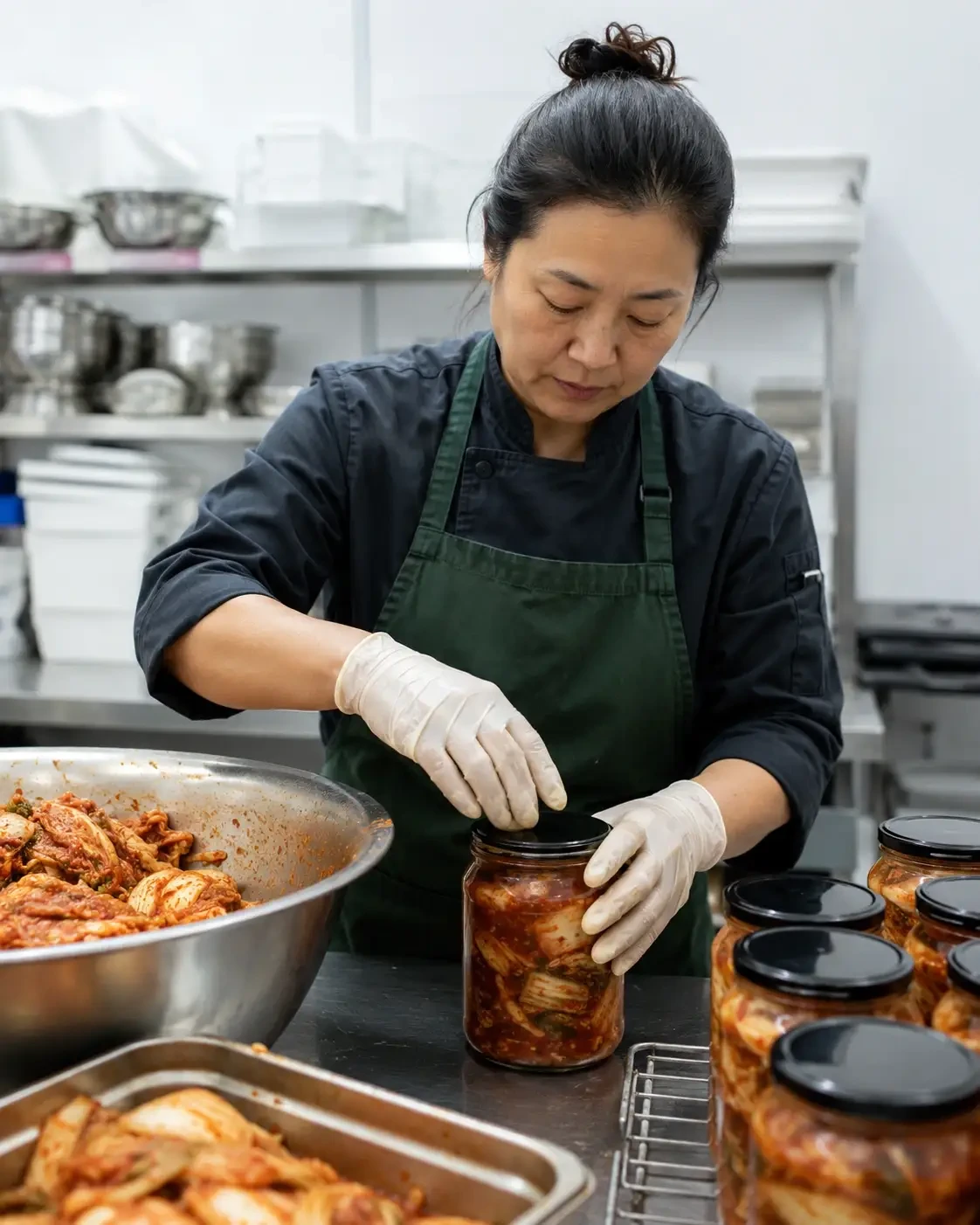 Cook wearing gloves packing kimchi into a jar