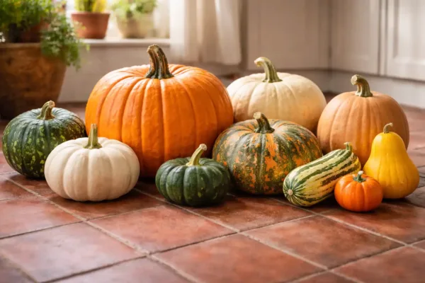 A mixed display of pumpkins and squash on a tiled kitchen floor