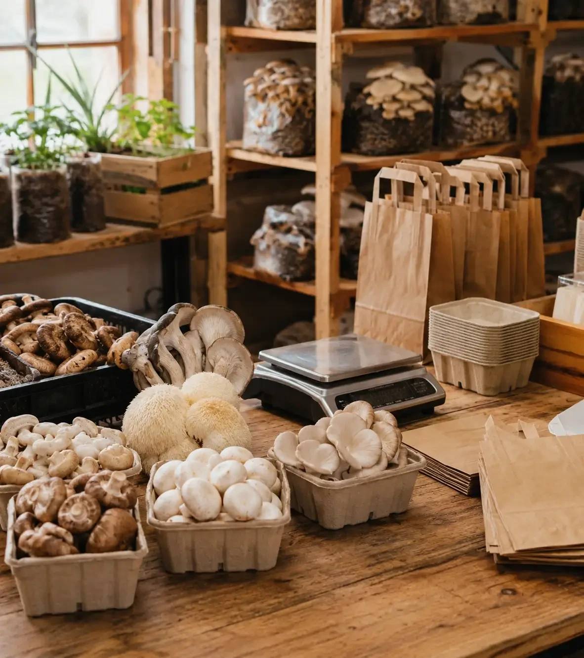 Punnets of mushrooms on a table beside a weighing scale and paper bags