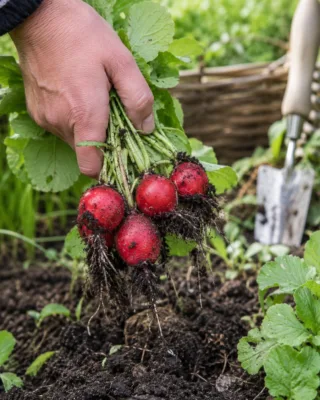 A hand holding freshly lifted red radishes above a garden bed