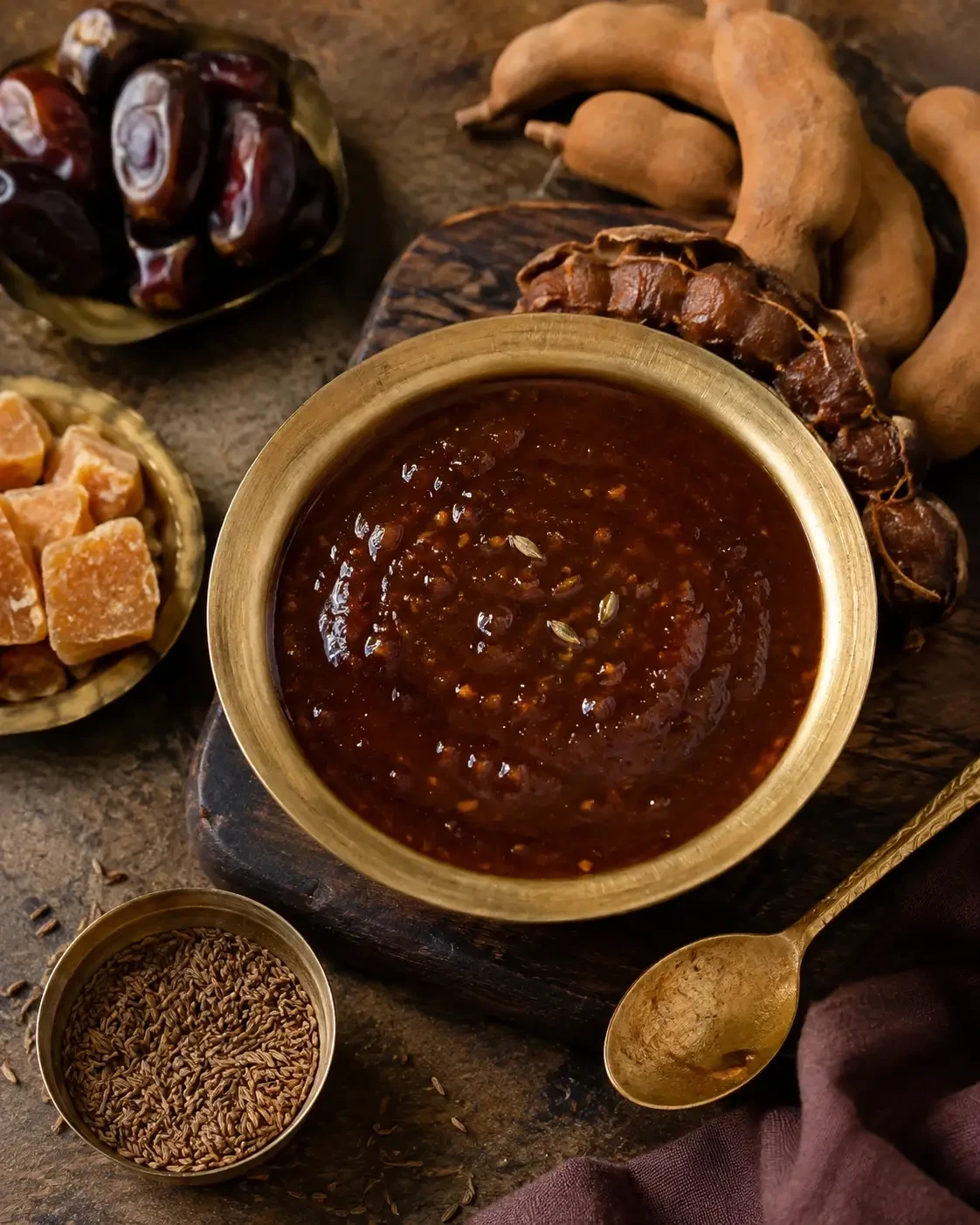Dark chutney in a bowl beside tamarind pods, dried fruit and spices