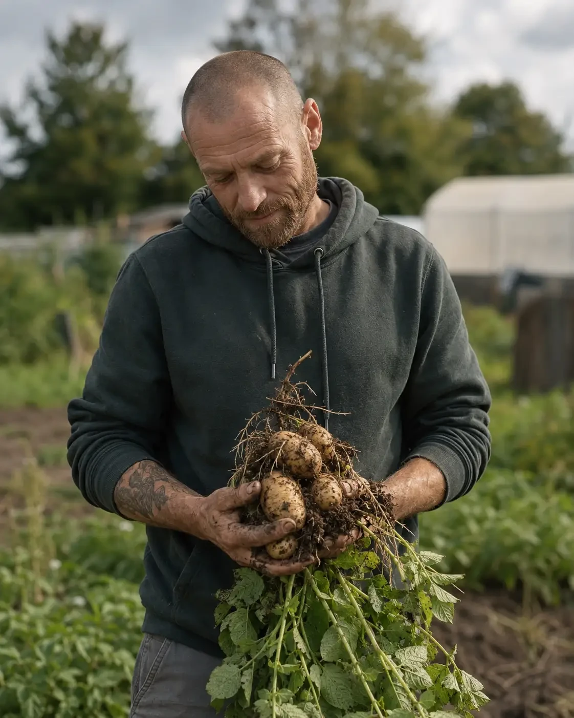 Farmer holding freshly harvested root vegetables with soil still attached in an outdoor field setting
