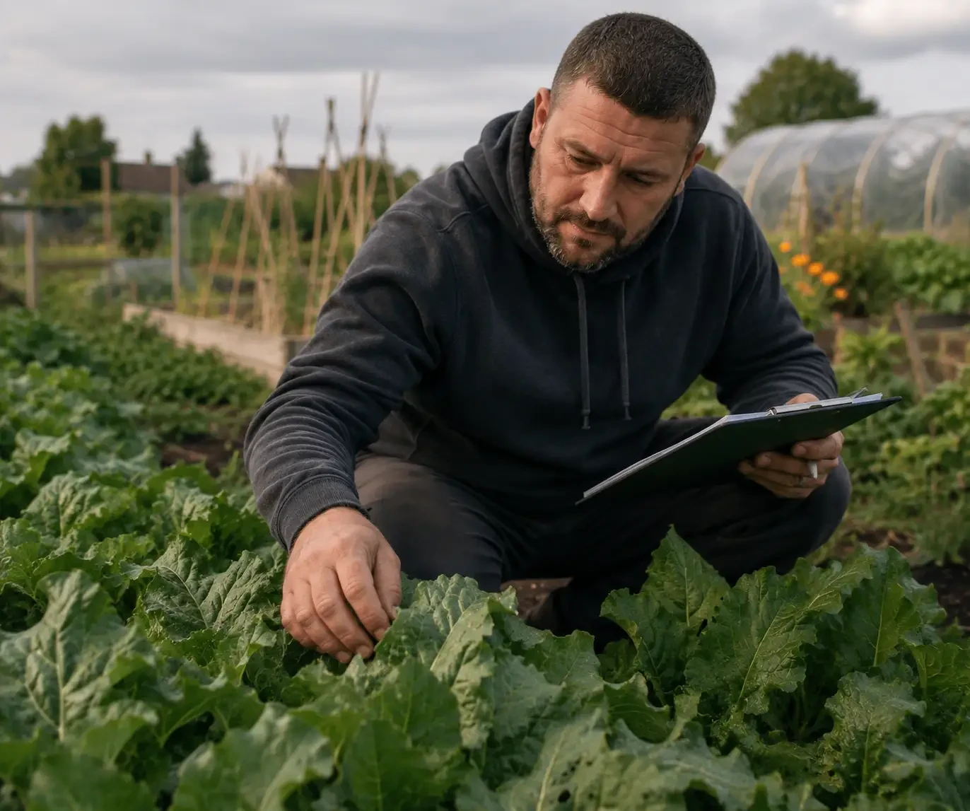Farmer inspecting leafy vegetable crops while holding a tablet in a polytunnel growing area