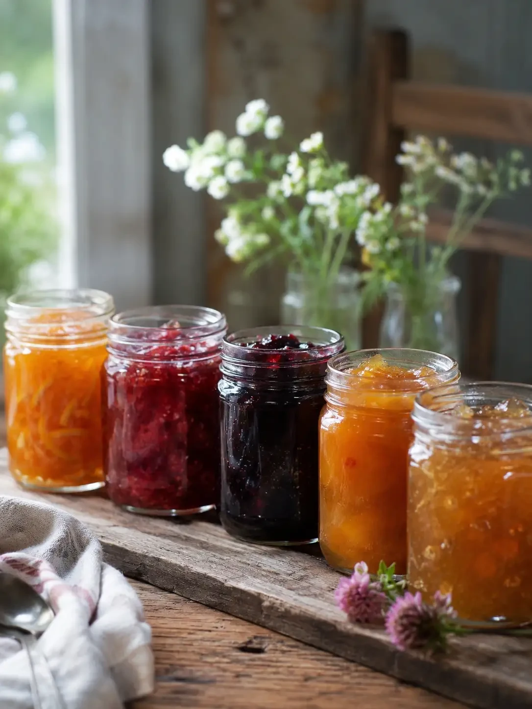 Open jars of orange and berry preserves on a wooden board