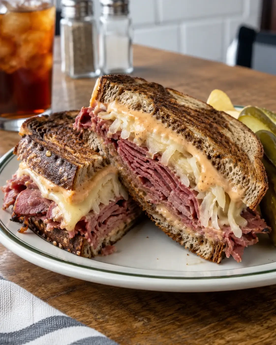 A toasted sandwich filled with sliced meat, cheese and shredded cabbage