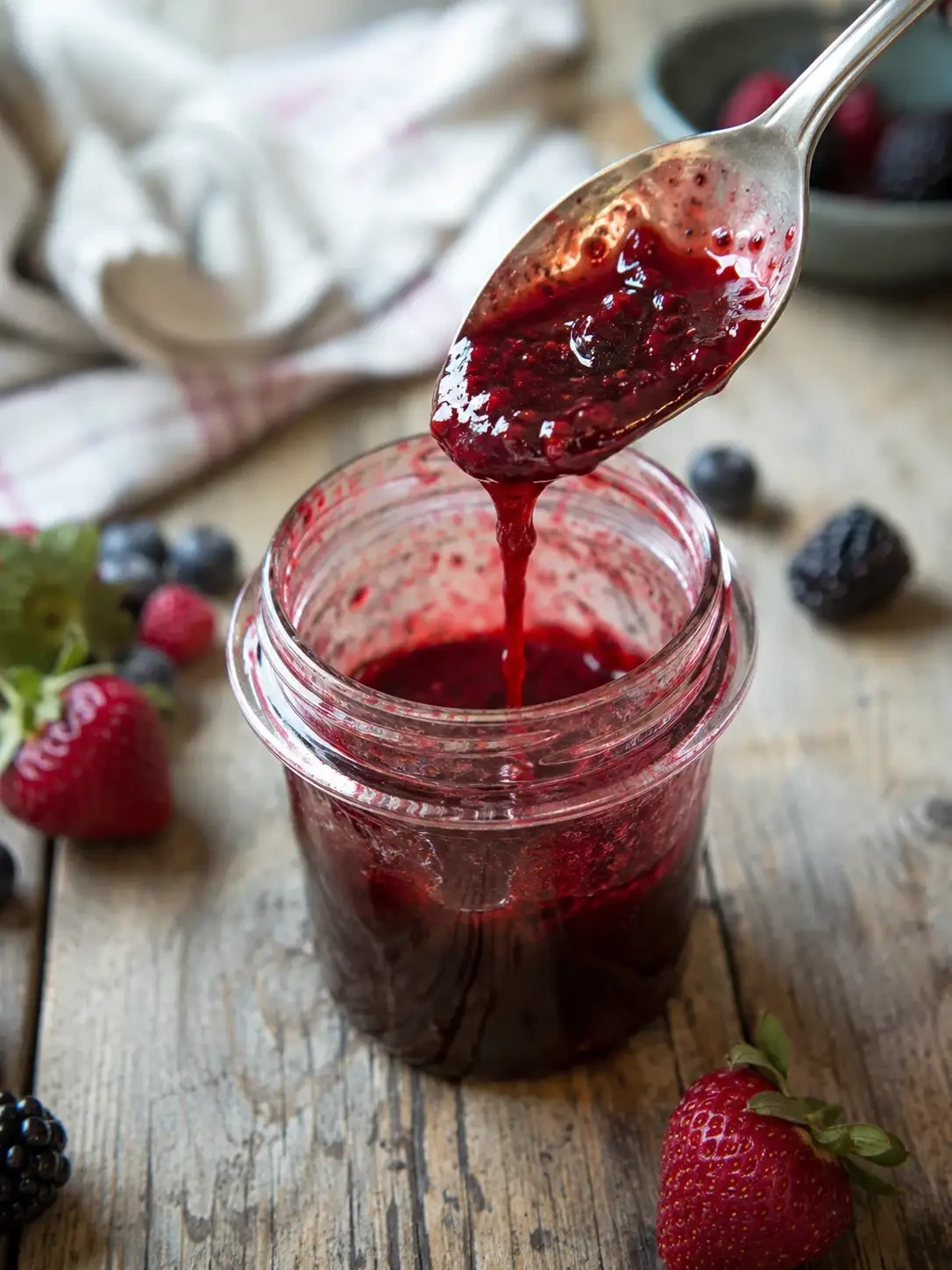 A spoon lifting berry jam above an open jar