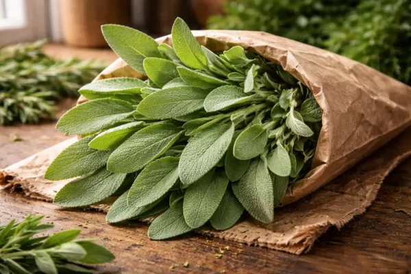 Harvested sage leaves in brown paper on a wooden table