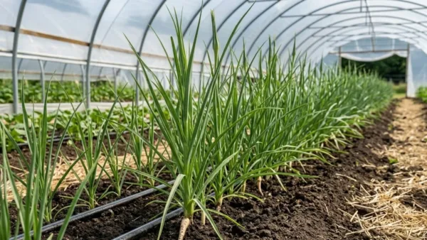 Salsify crop rows growing in a polytunnel