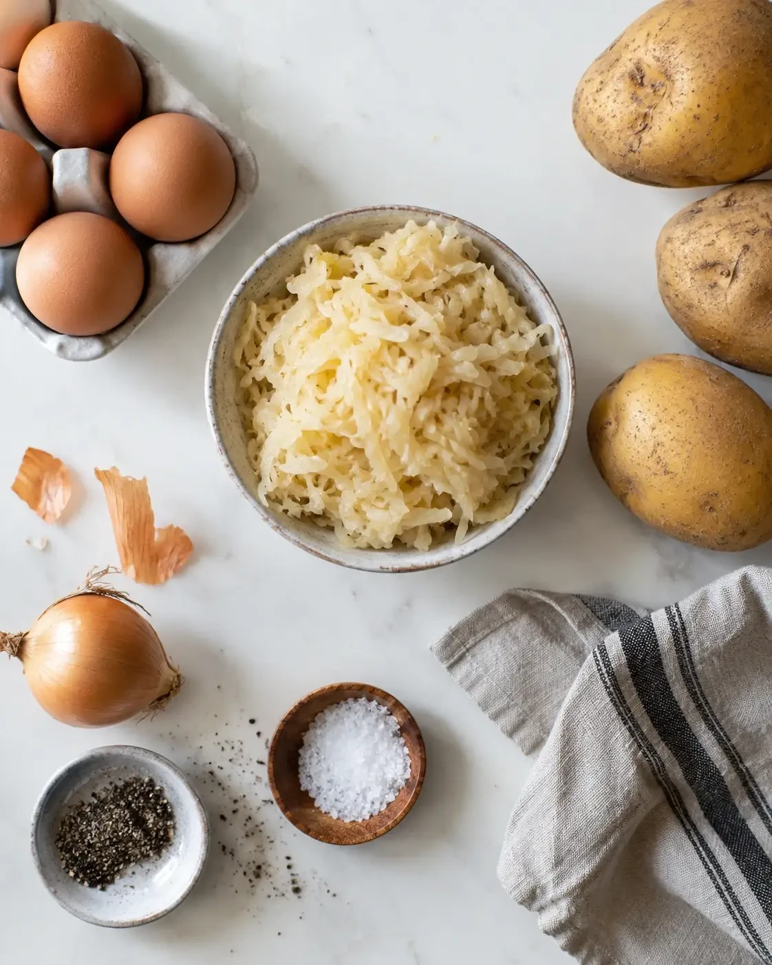 A bowl of shredded cabbage beside eggs, potatoes, onions and seasoning
