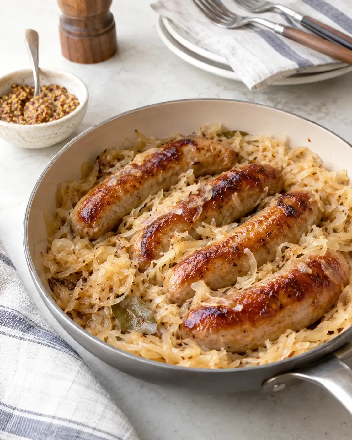 Browned sausages served on a bed of shredded cabbage
