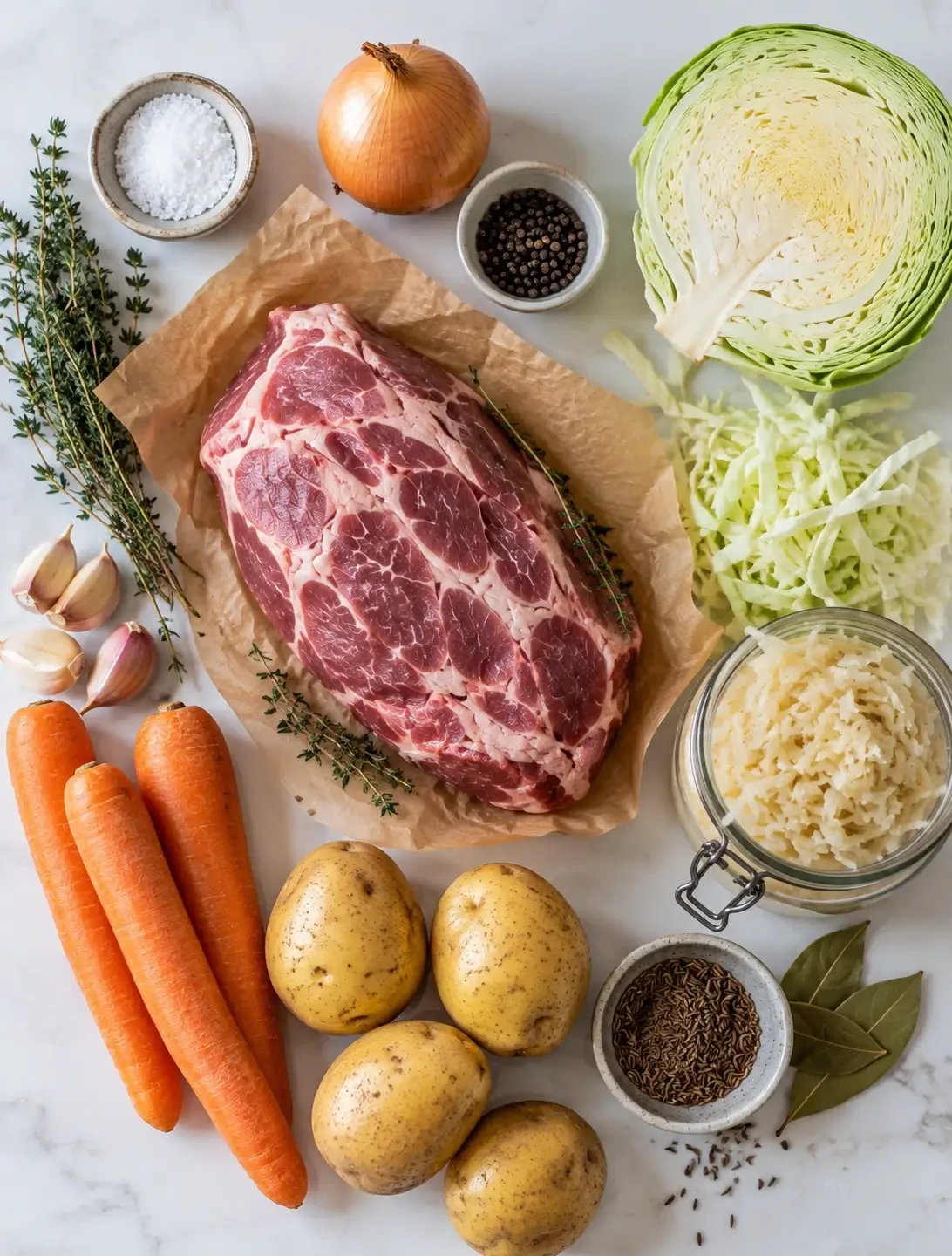 Raw meat, cabbage, potatoes and carrots arranged beside a jar of sauerkraut