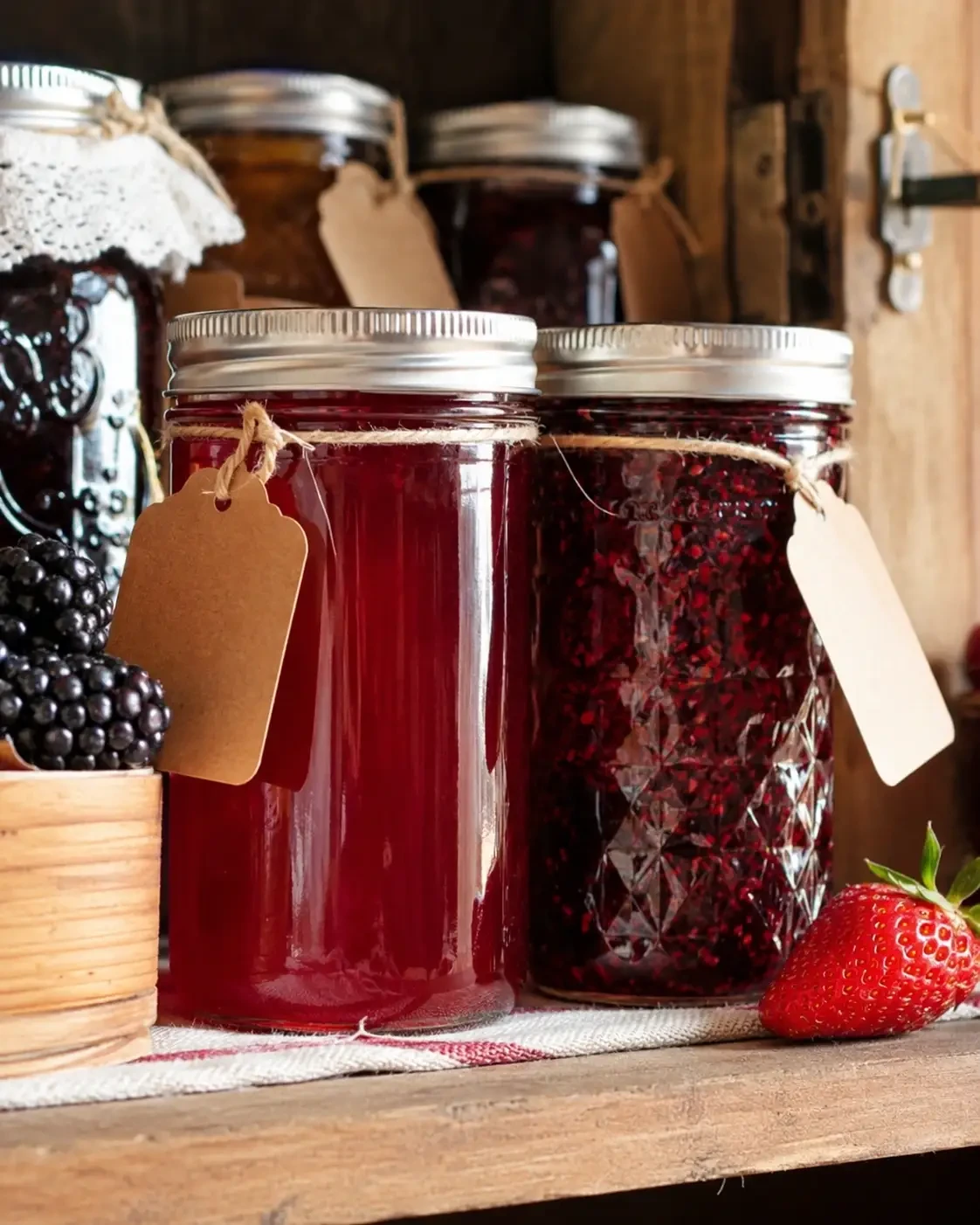 Sealed jars of red fruit preserves with blank gift tags