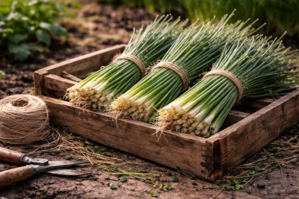 Bundles of slender spring onions in a wooden crate