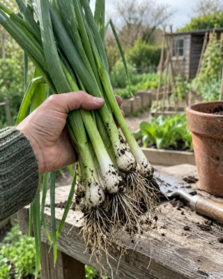A hand holding freshly lifted spring onions with their roots