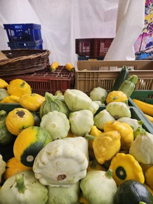 Assorted white, yellow and green patty-pan squash at a Paris market