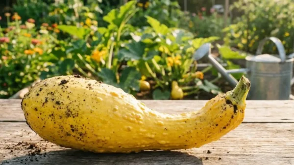 Large yellow knobbly crookneck squash resting on a wooden table