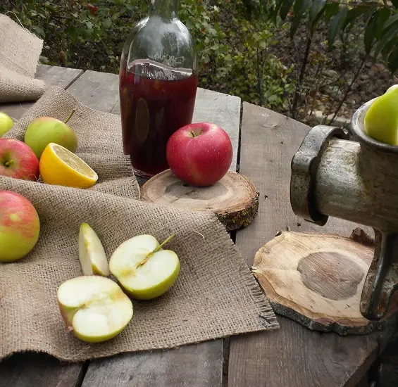 Apples, lemon and a bottle of juice beside a small press