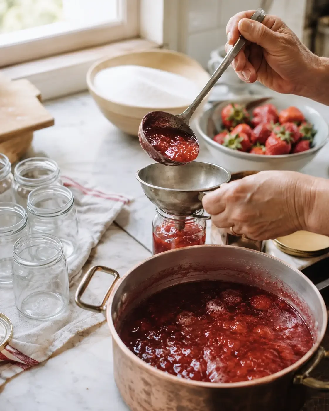 Hands ladling cooked fruit through a funnel into a jar