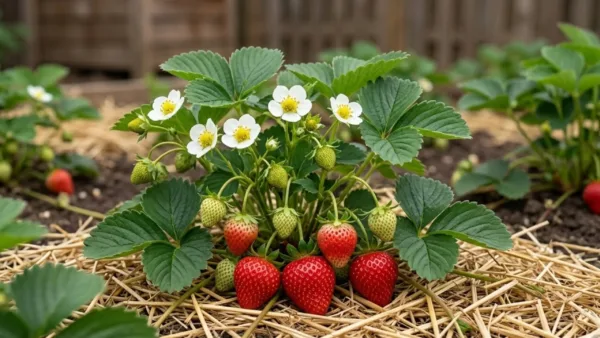 Strawberry plant with flowers and ripe fruit over straw