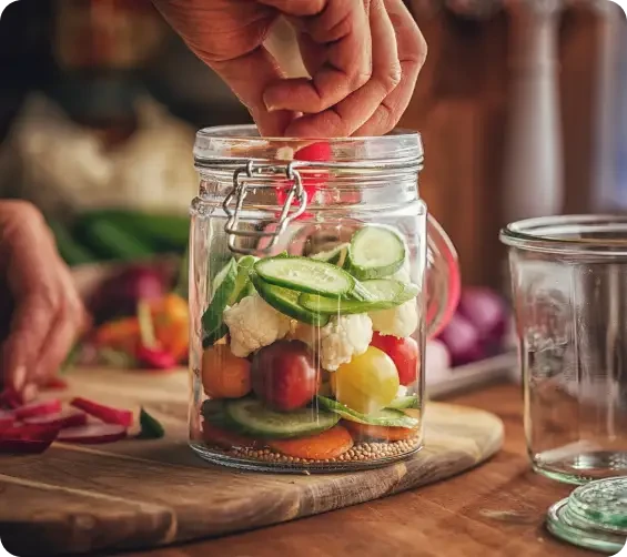 A hand packing cucumber and other vegetables into a glass jar