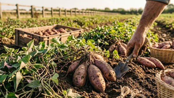 Sweet potato harvest scene with storage roots and leafy vines