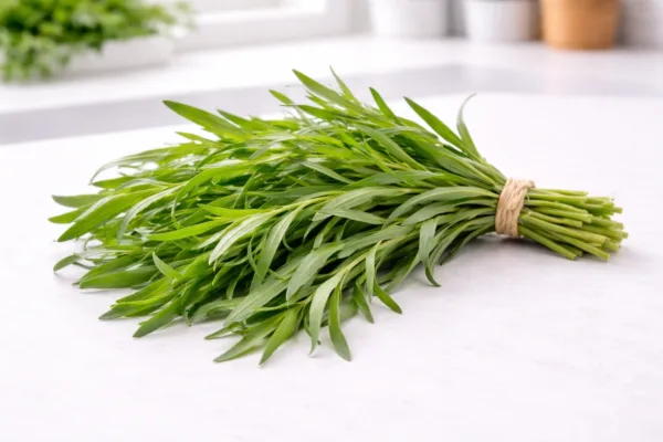 BFFD illustration of a tied bunch of fresh tarragon on a pale worktop