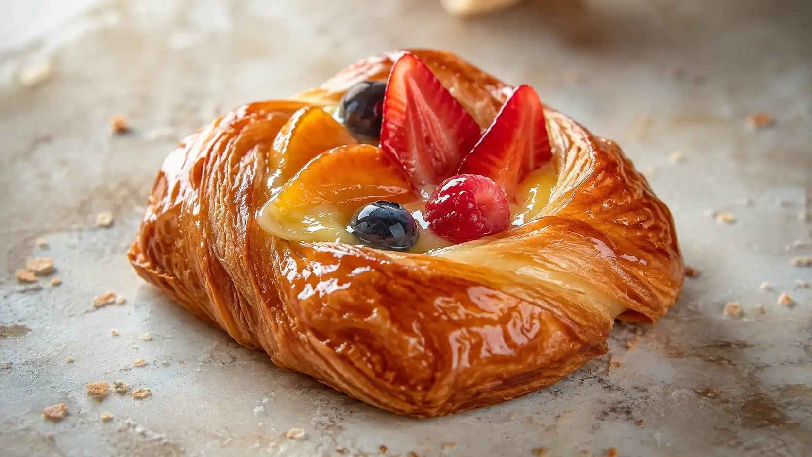A golden fruit pastry topped with strawberries and berries