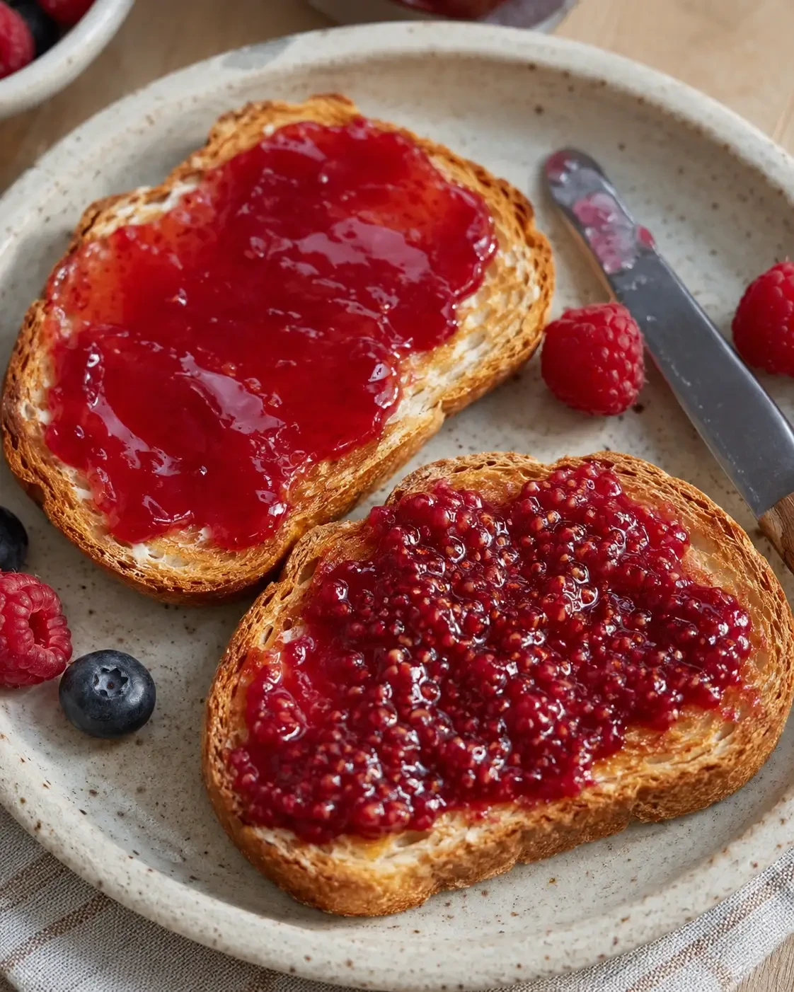Two slices of toast topped with smooth jelly and chunky berry jam