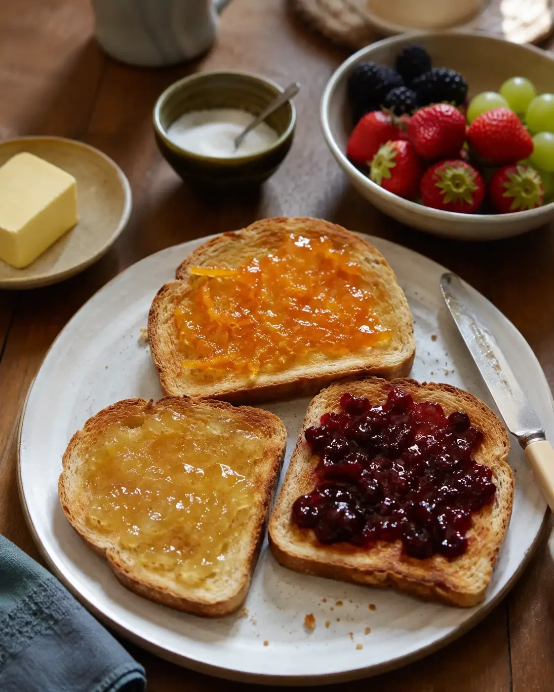 Three slices of toast spread with different fruit preserves