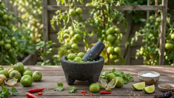 Green husked fruits beside a stone mortar, chillies and lime on a wooden table