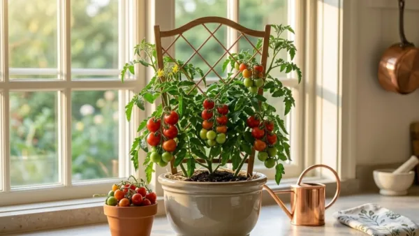 A compact tomato plant with small ripening fruits in a pot beside a bright window