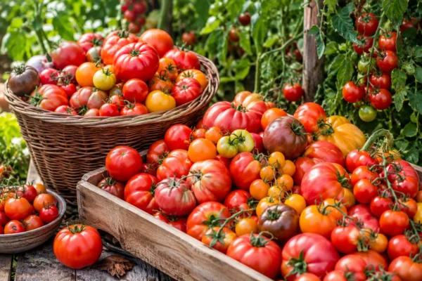 A mixed tomato harvest with small cherry and larger ribbed fruits in baskets and a crate