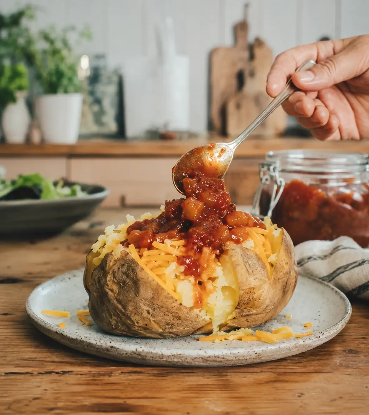 A spoon adding chutney to a jacket potato topped with cheese