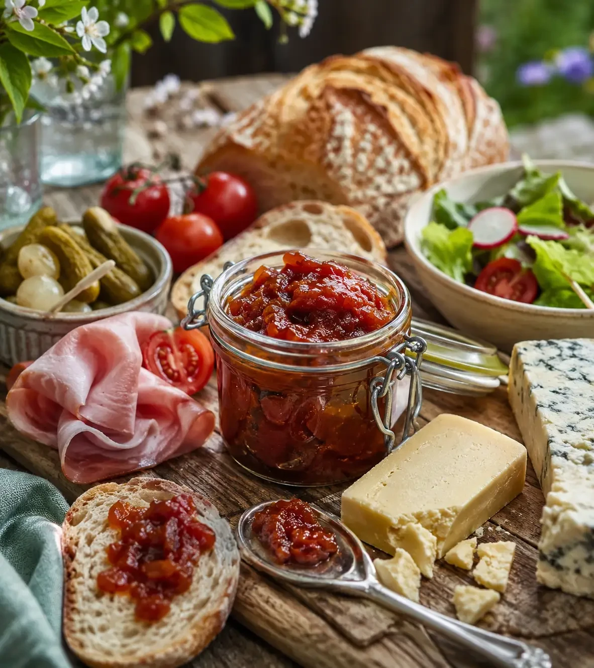 Tomato chutney served with bread, cheese and cured meat