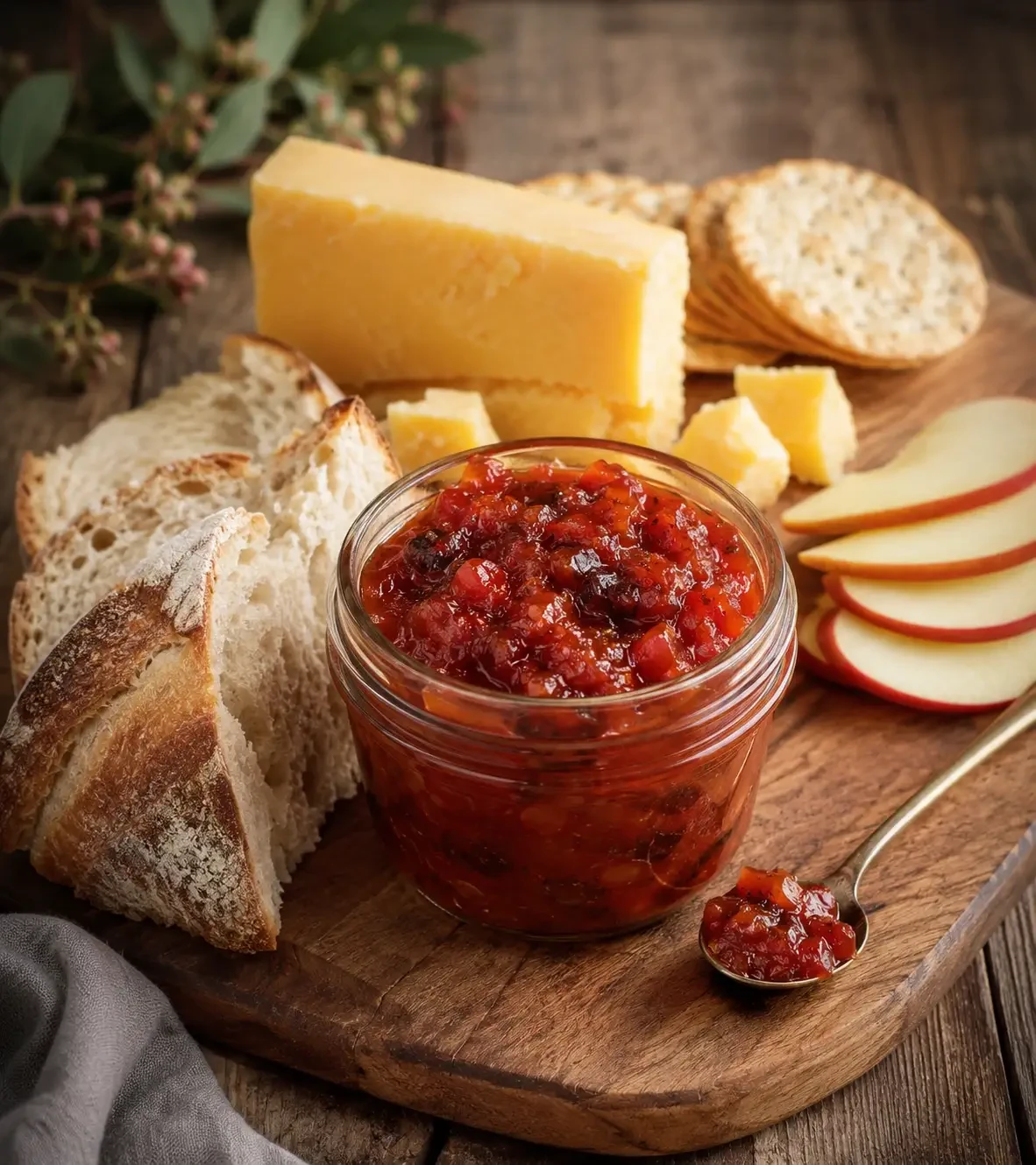 A jar of red chutney with cheese, bread, crackers and apple slices