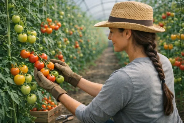 Gardener inspecting ripening tomatoes in a polytunnel