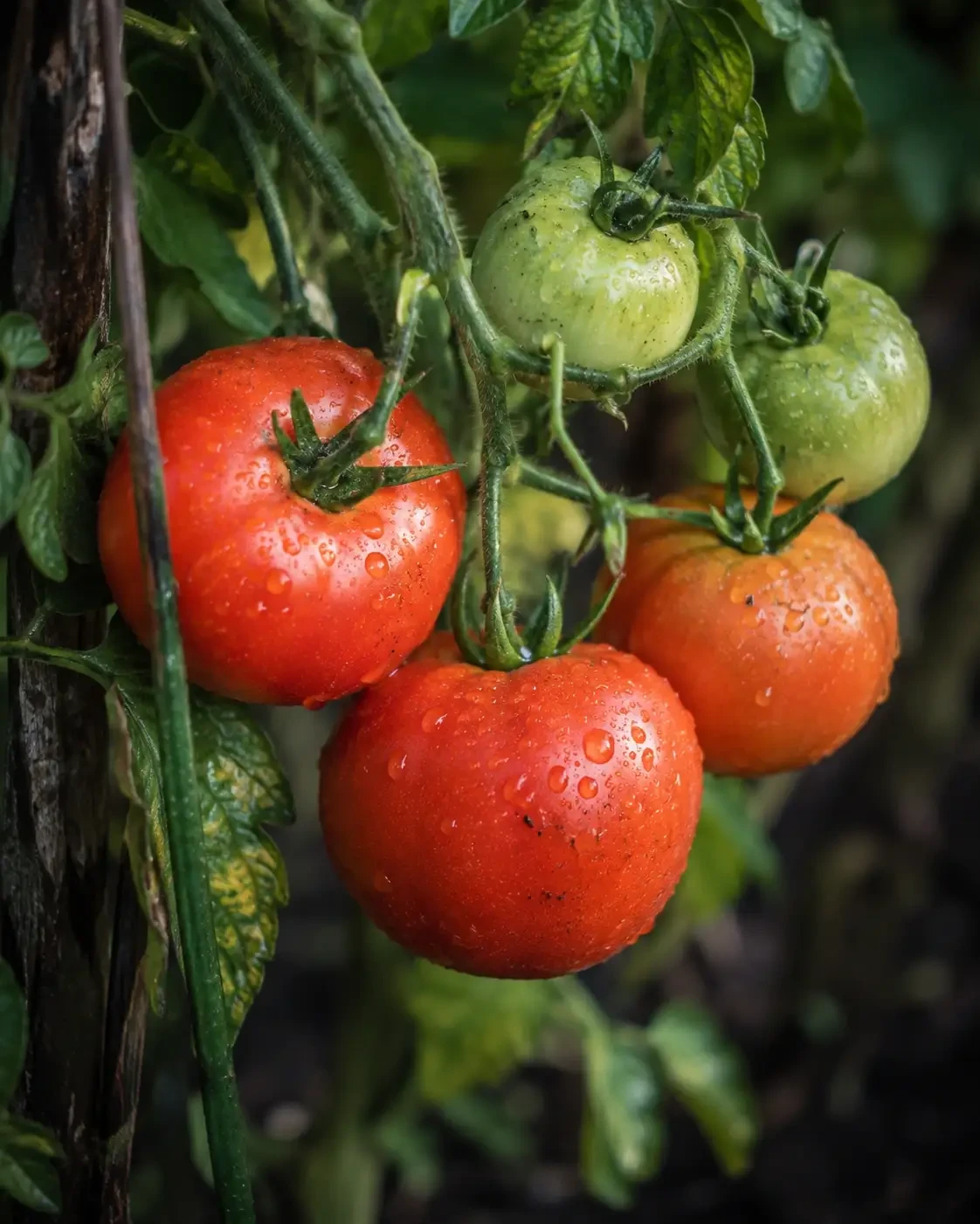 Ripe and unripe tomatoes growing on a leafy plant