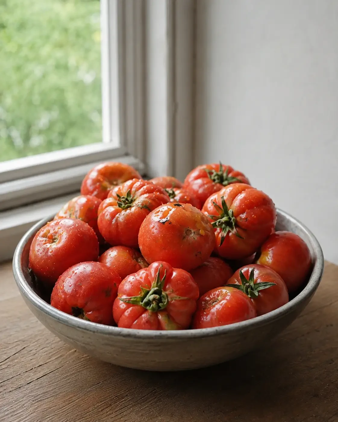 A bowl of ripe tomatoes beside a kitchen window