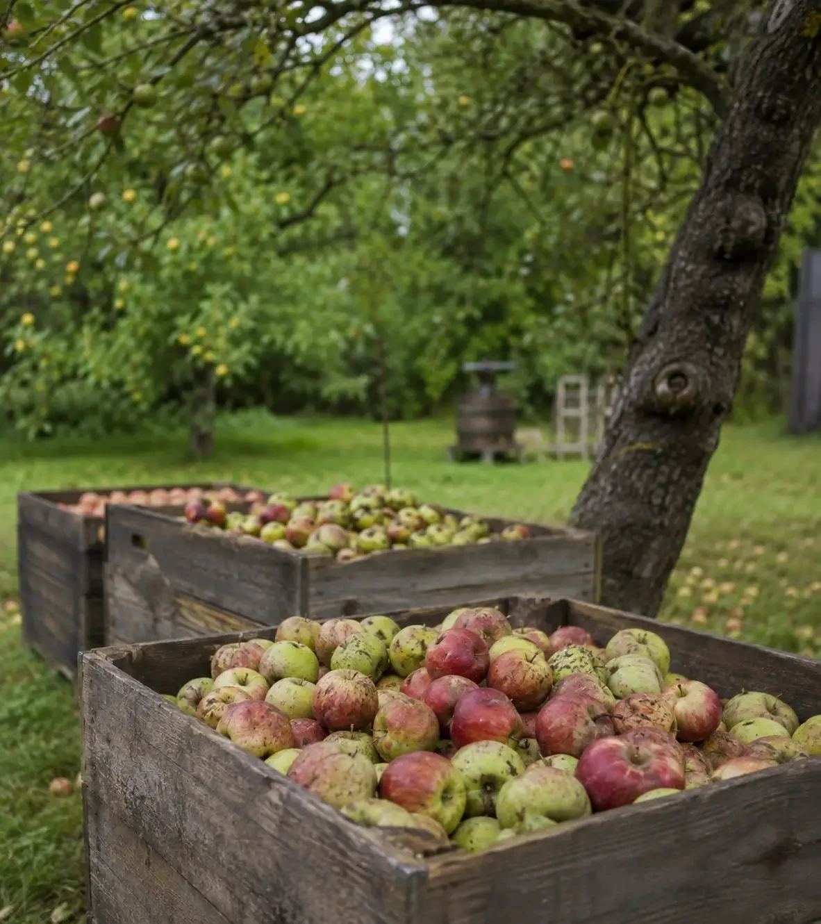 Large wooden crates filled with apples beneath orchard trees