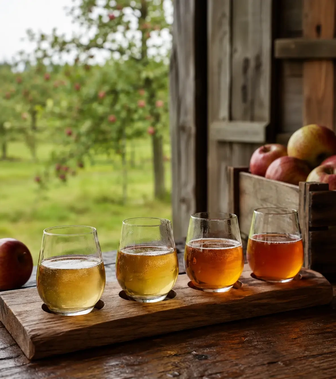 Small glasses of golden and amber cider beside an orchard window