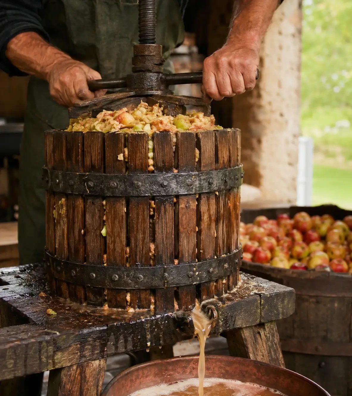 Hands operating a wooden apple press as juice flows into a bowl