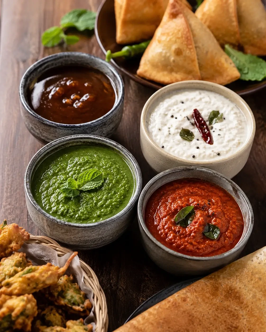 Four colourful chutneys served with samosas and other snacks