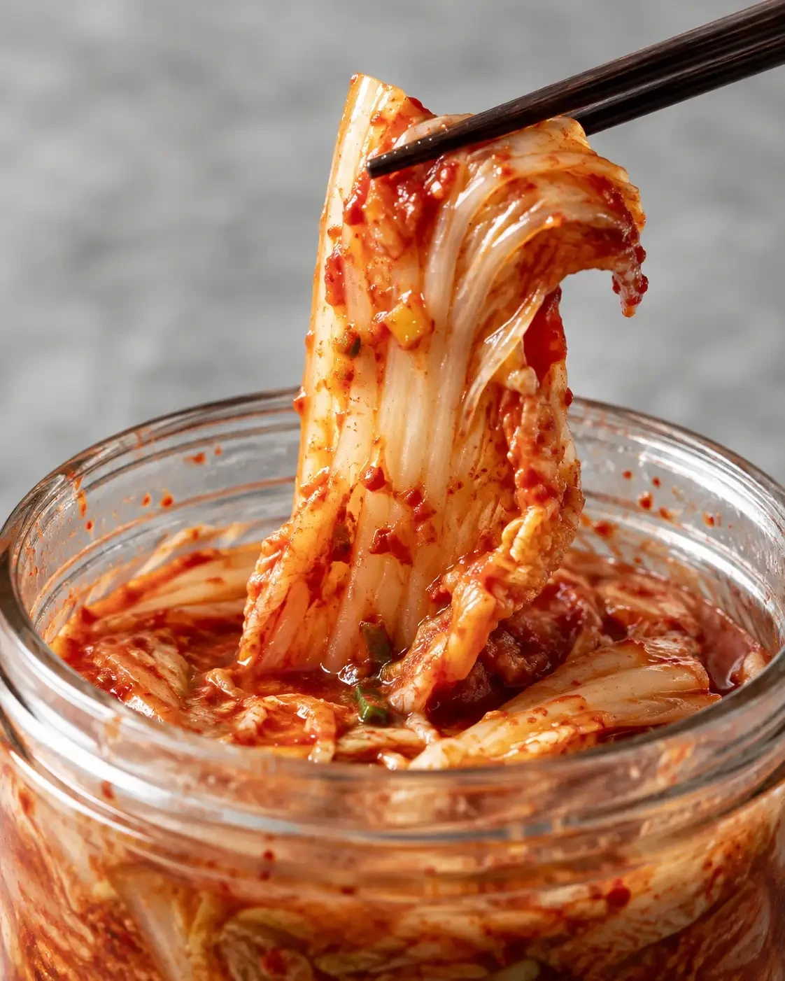 Chopsticks lifting seasoned cabbage from a jar of kimchi