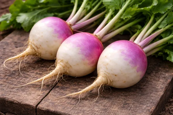 Three harvested purple-topped white turnips with leafy tops on a board