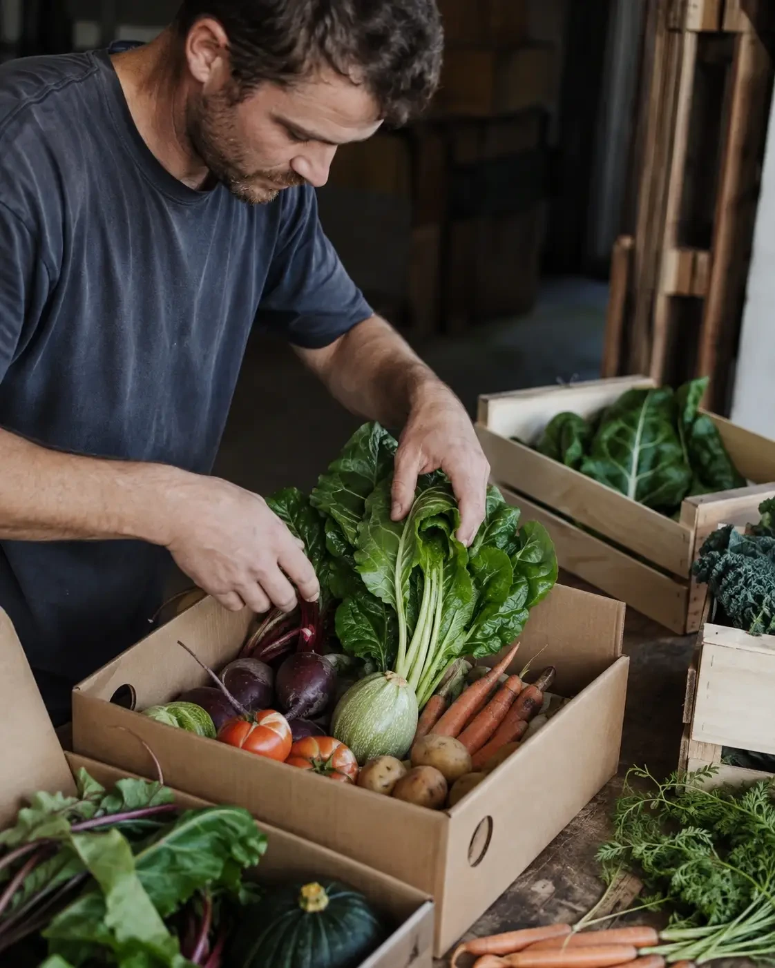Grower packing fresh vegetables into cardboard boxes